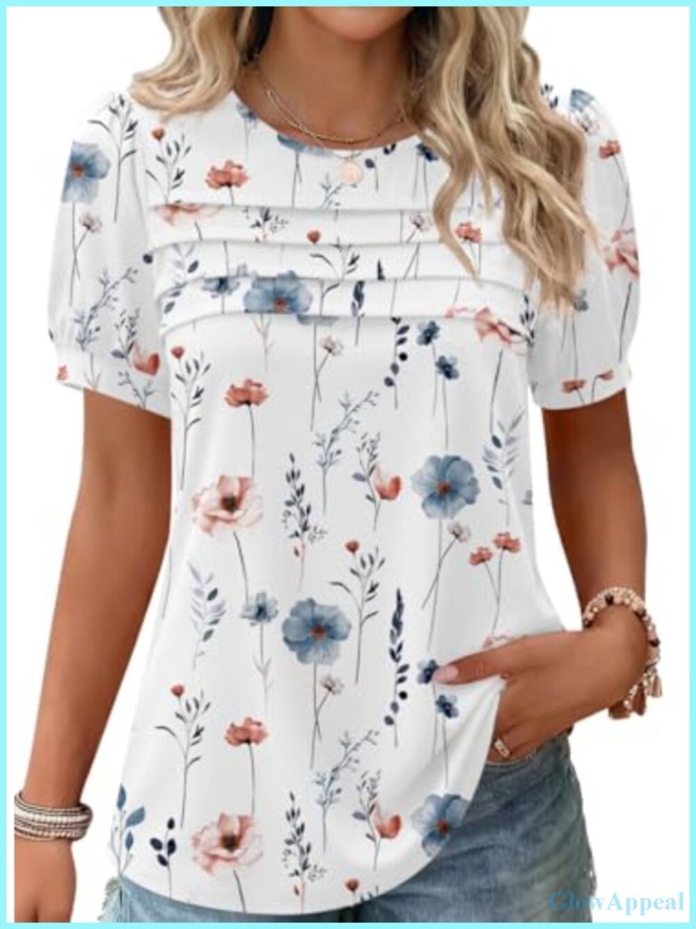 Womens Pleated Tunic Top Floral Puff Short Sleeve Blouse Summer